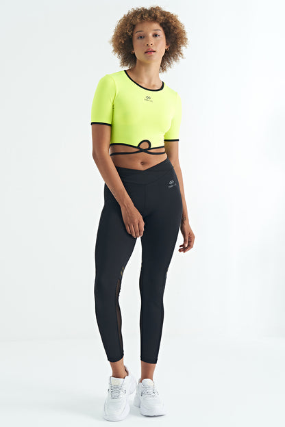 Neon Yellow Waist Tie Detailed O Collar Standard Cut Diver Fabric Women's Crop T-Shirt - 97266