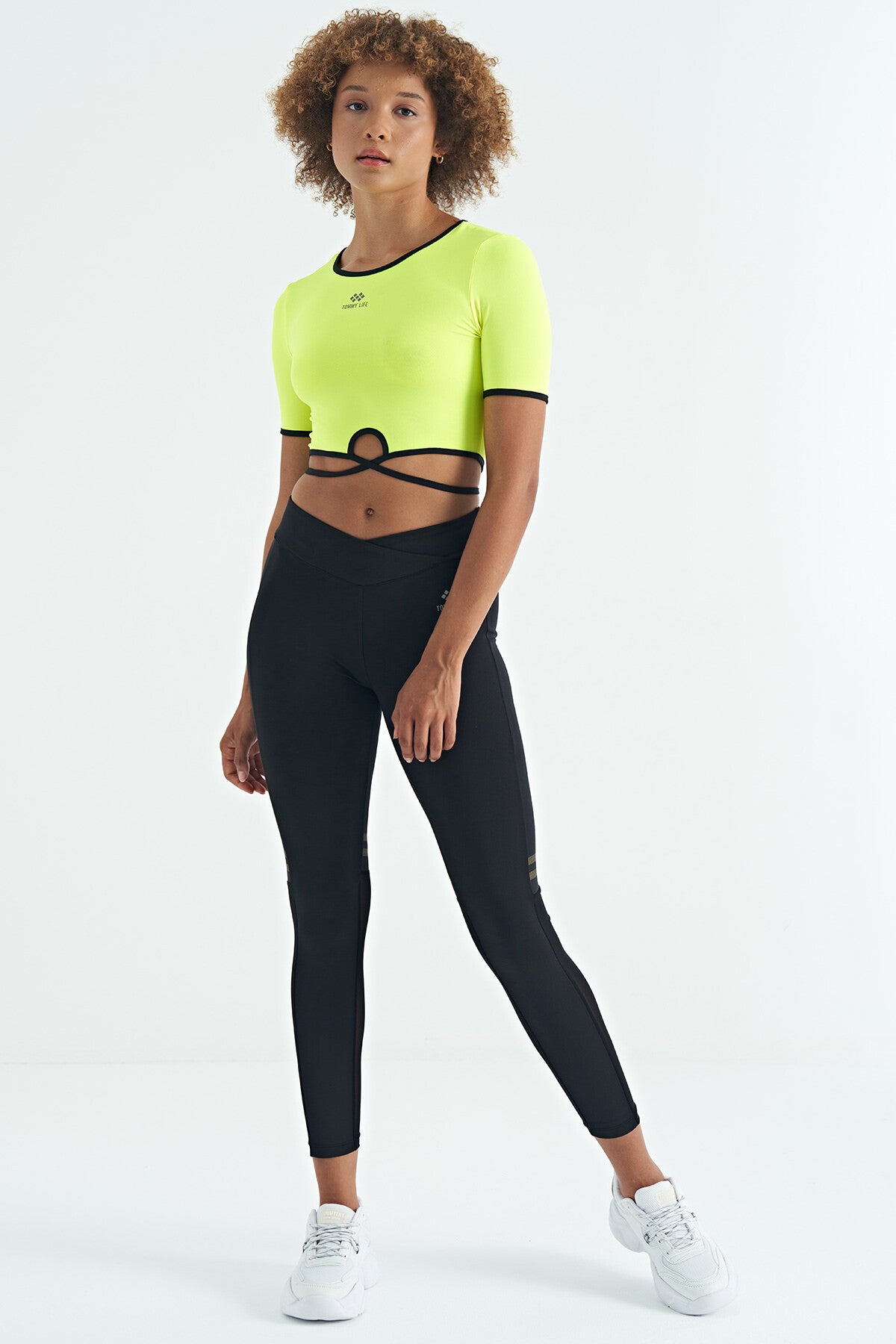 Neon Yellow Waist Tie Detailed O Collar Standard Cut Diver Fabric Women's Crop T-Shirt - 97266