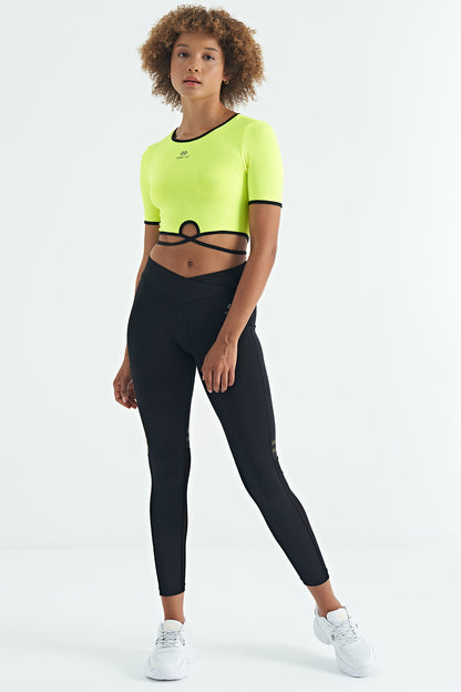 Neon Yellow Waist Tie Detailed O Collar Standard Cut Diver Fabric Women's Crop T-Shirt - 97266