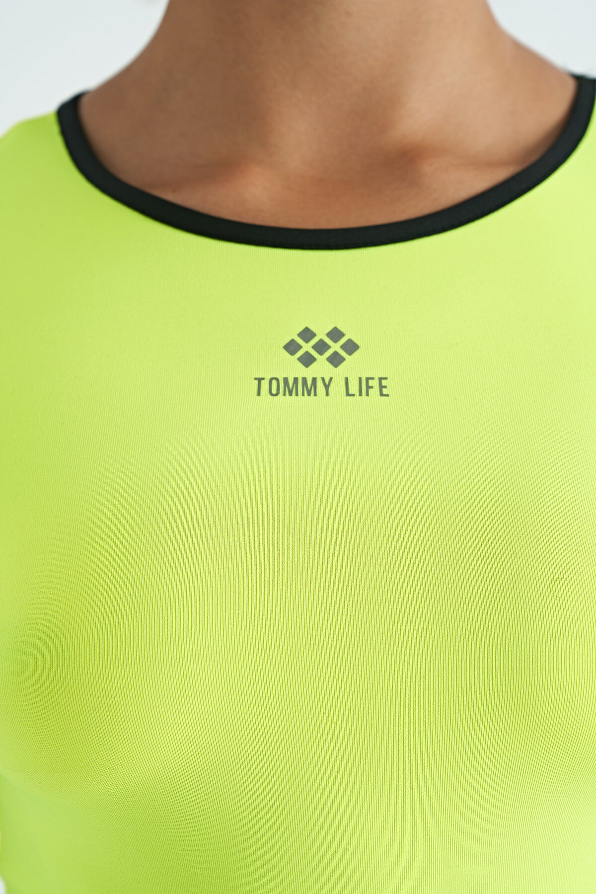 Neon Yellow Waist Tie Detailed O Collar Standard Cut Diver Fabric Women's Crop T-Shirt - 97266
