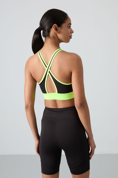 Neon Yellow Cross Back Detailed Slim Fit U Collar Padded Women's Sports Bustier - 97121
