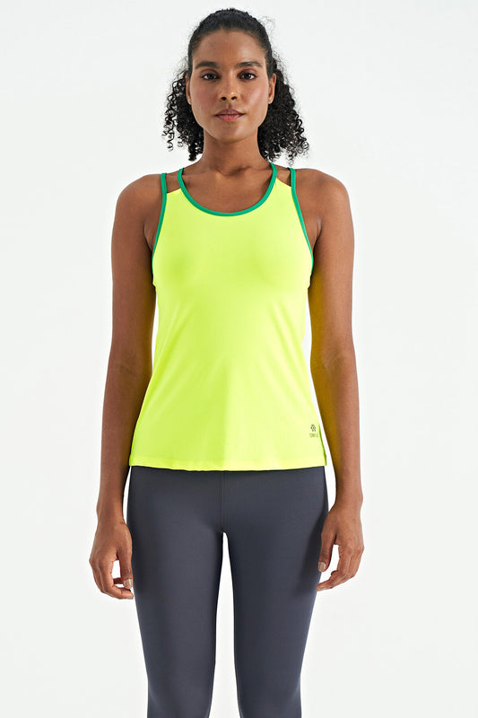 Neon Yellow Double Strapped Back Detailed Standard Fit Women's Sports Singlet - 97258
