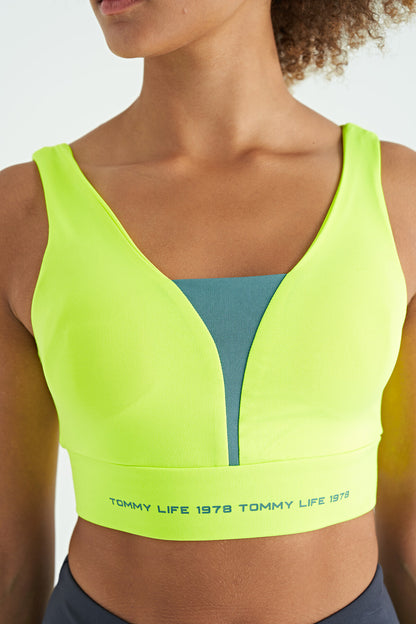 Neon Yellow Print Color Block Slim Fit Scuba Fabric Women's Bustier - 97271