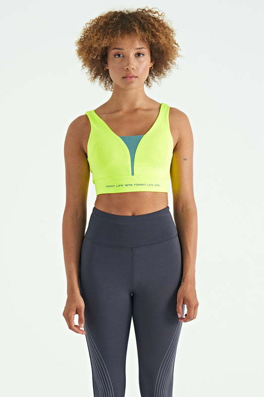 Neon Yellow Print Color Block Slim Fit Scuba Fabric Women's Bustier - 97271