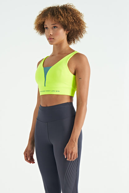 Neon Yellow Print Color Block Slim Fit Scuba Fabric Women's Bustier - 97271