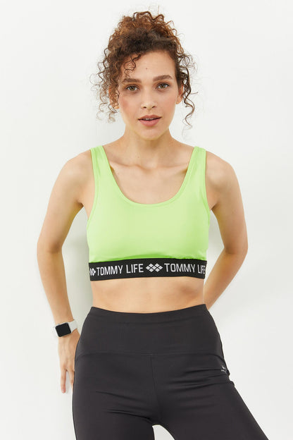 Neon Yellow Letter Striped Standard Mold U Collar Women's Sports Bustier - 97113