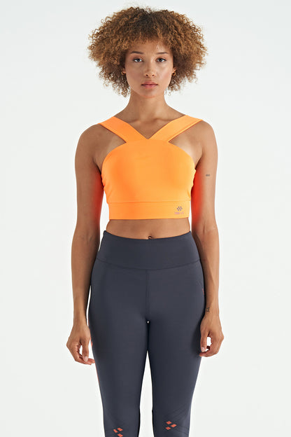 Neon Orange Logo Printed Slim Fit Scuba Fabric Women's Bustier - 97259