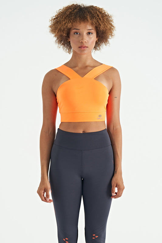 Neon Orange Logo Printed Slim Fit Scuba Fabric Women's Bustier - 97259
