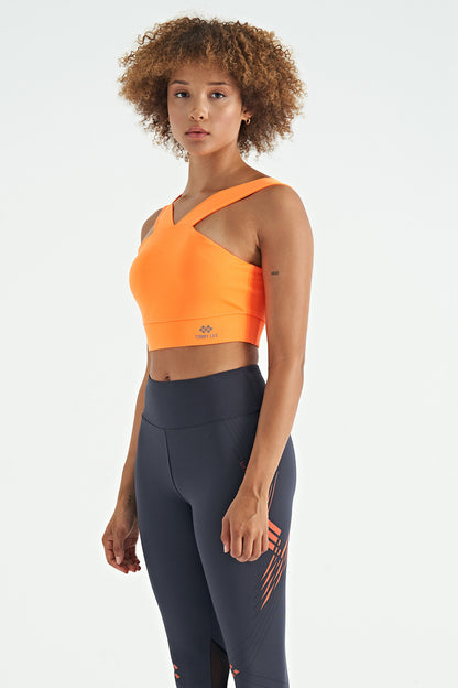 Neon Orange Logo Printed Slim Fit Scuba Fabric Women's Bustier - 97259