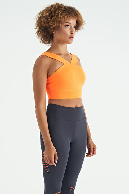 Neon Orange Logo Printed Slim Fit Scuba Fabric Women's Bustier - 97259