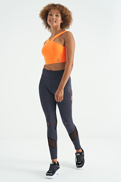 Neon Orange Logo Printed Slim Fit Scuba Fabric Women's Bustier - 97259
