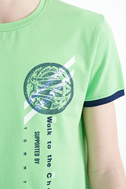 Neon Green Print Detailed O Collar Standard Fit Boys T-Shirt - 11131