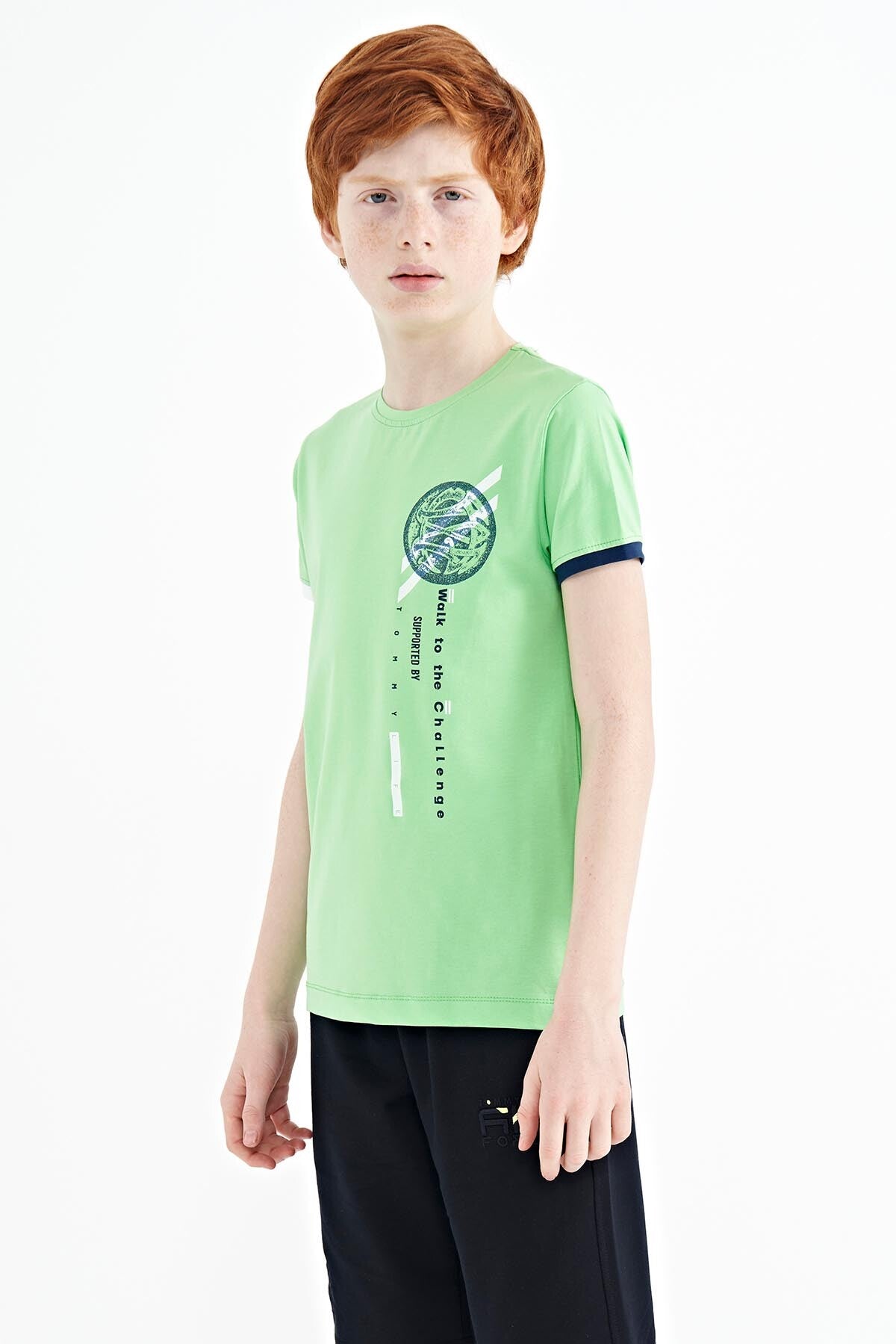 Neon Green Print Detailed O Collar Standard Fit Boys T-Shirt - 11131