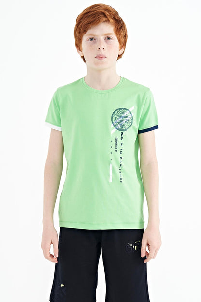 Neon Green Print Detailed O Collar Standard Fit Boys T-Shirt - 11131
