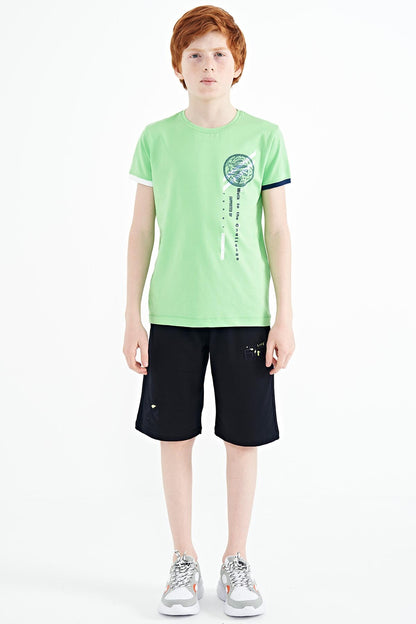 Neon Green Print Detailed O Collar Standard Fit Boys T-Shirt - 11131