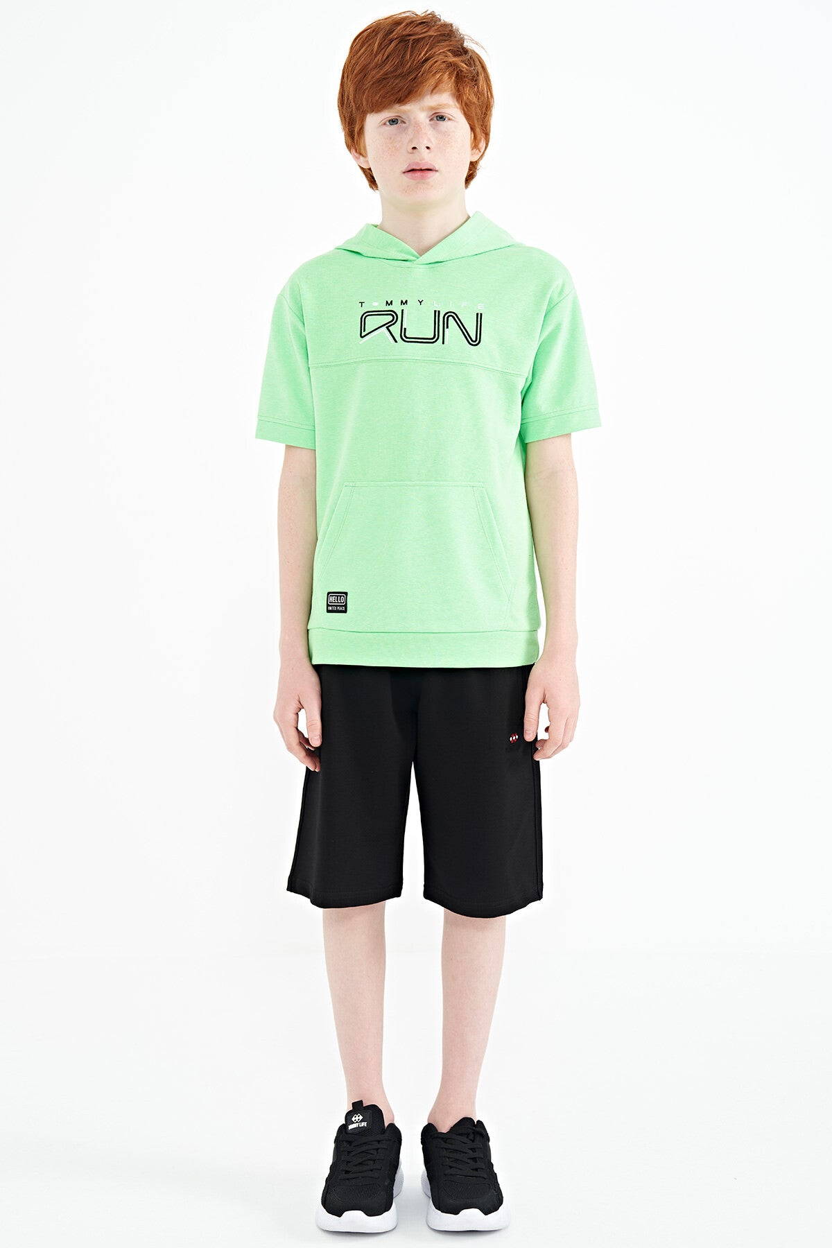 Neon Green Kangaroo Pocket Hooded Oversize Boys T-Shirt - 11160
