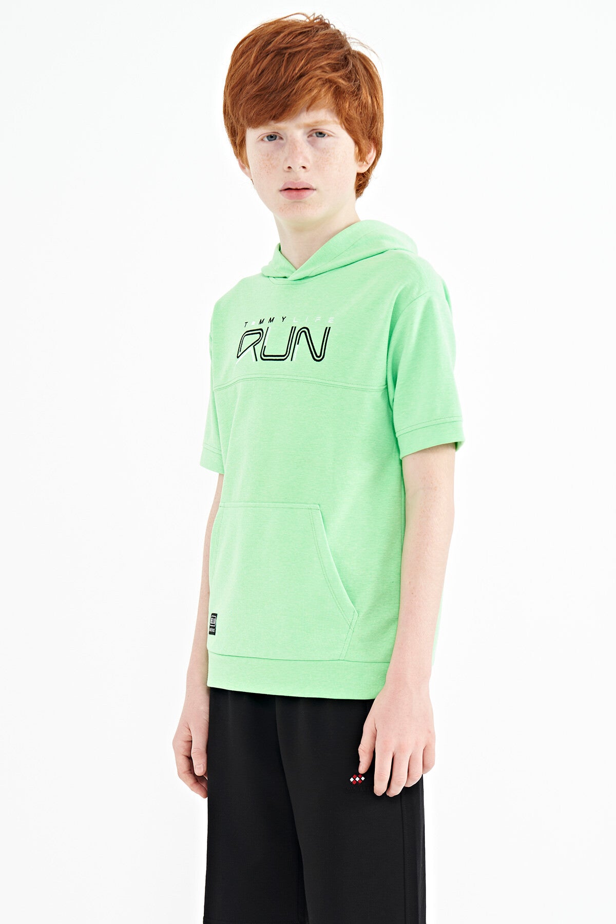 Neon Green Kangaroo Pocket Hooded Oversize Boys T-Shirt - 11160