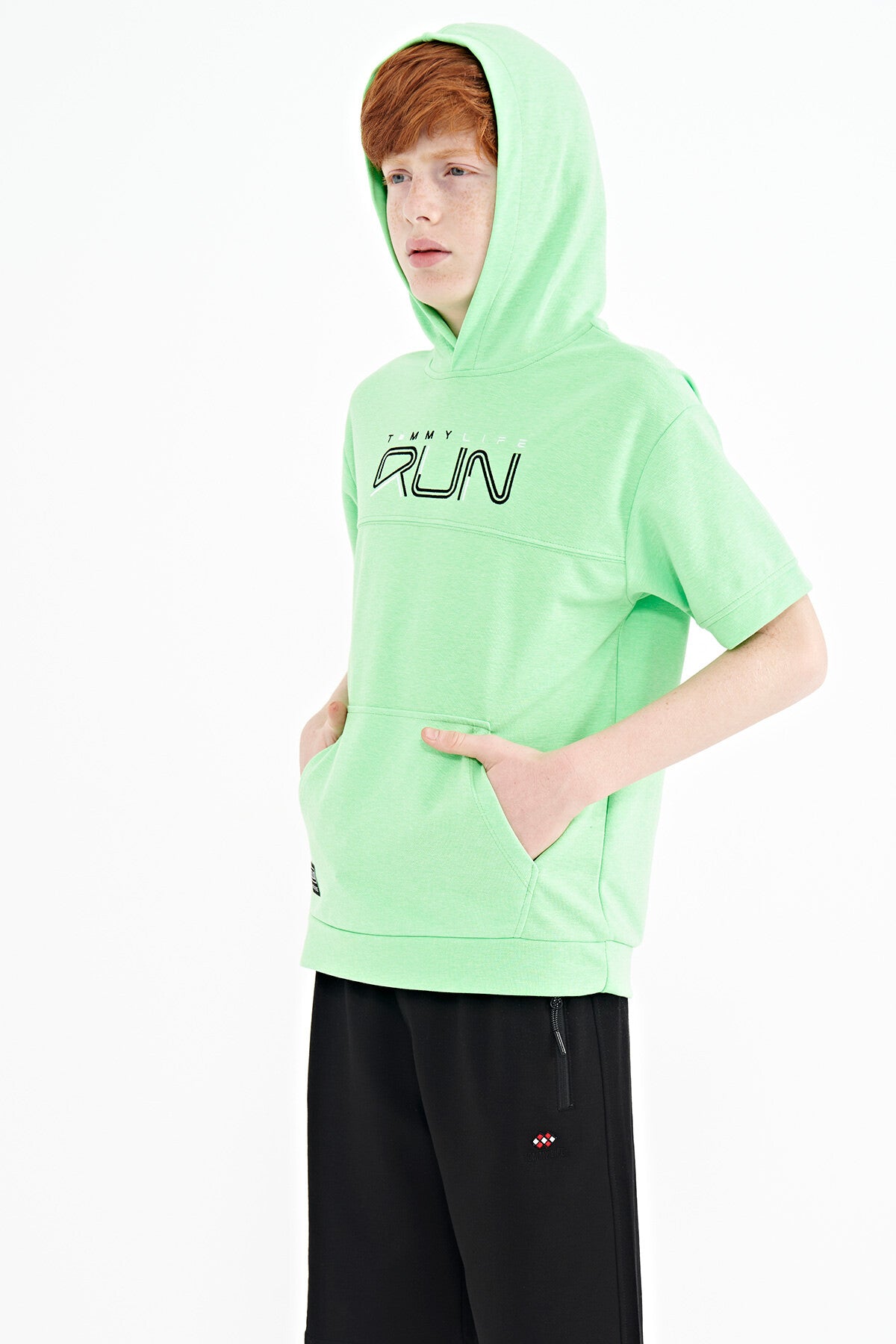 Neon Green Kangaroo Pocket Hooded Oversize Boys T-Shirt - 11160