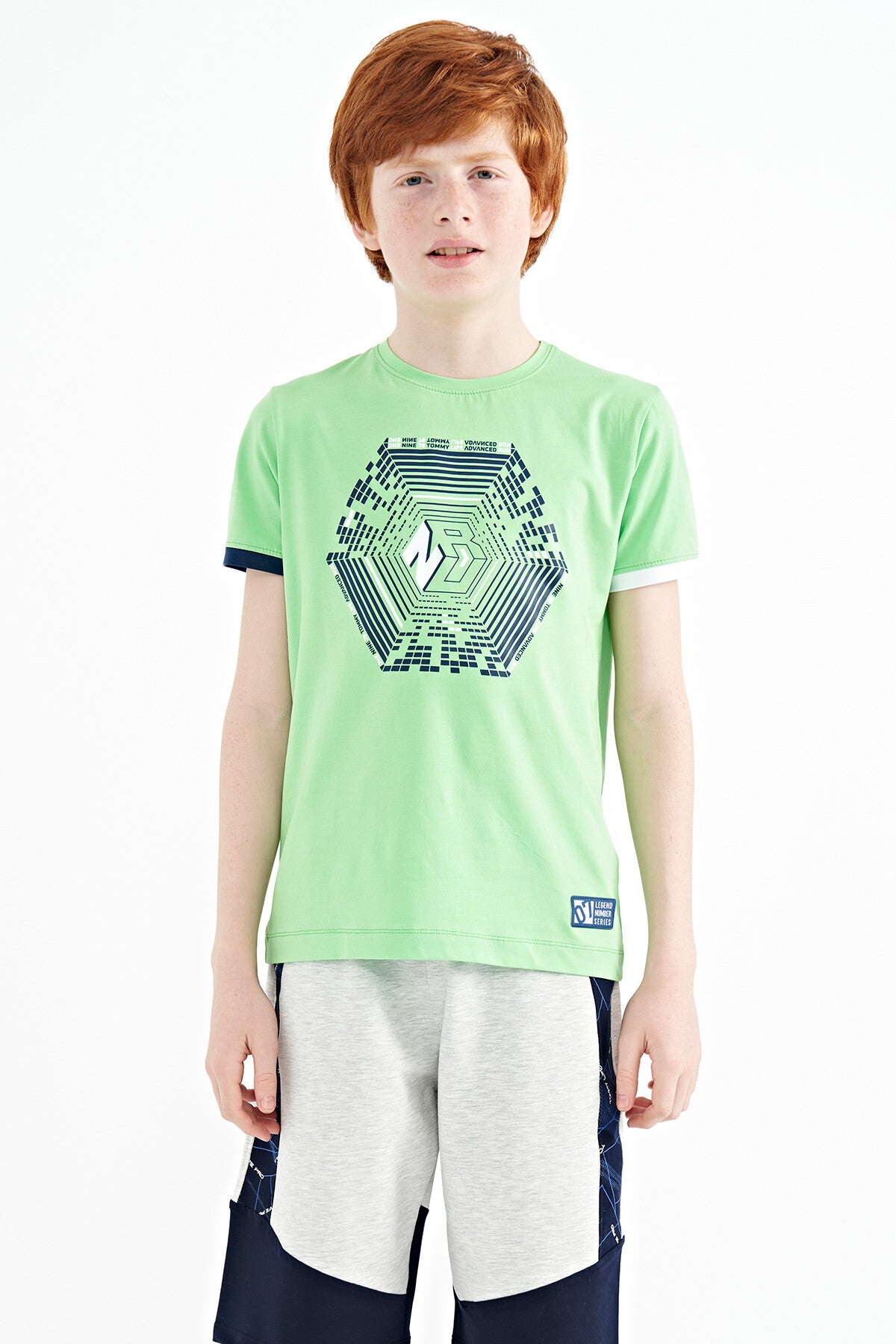 Neon Green Cuff Colored Detailed Printed Standard Fit Boys' T-Shirt - 11156