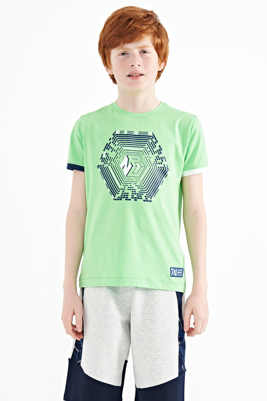 Neon Green Cuff Colored Detailed Printed Standard Fit Boys' T-Shirt - 11156