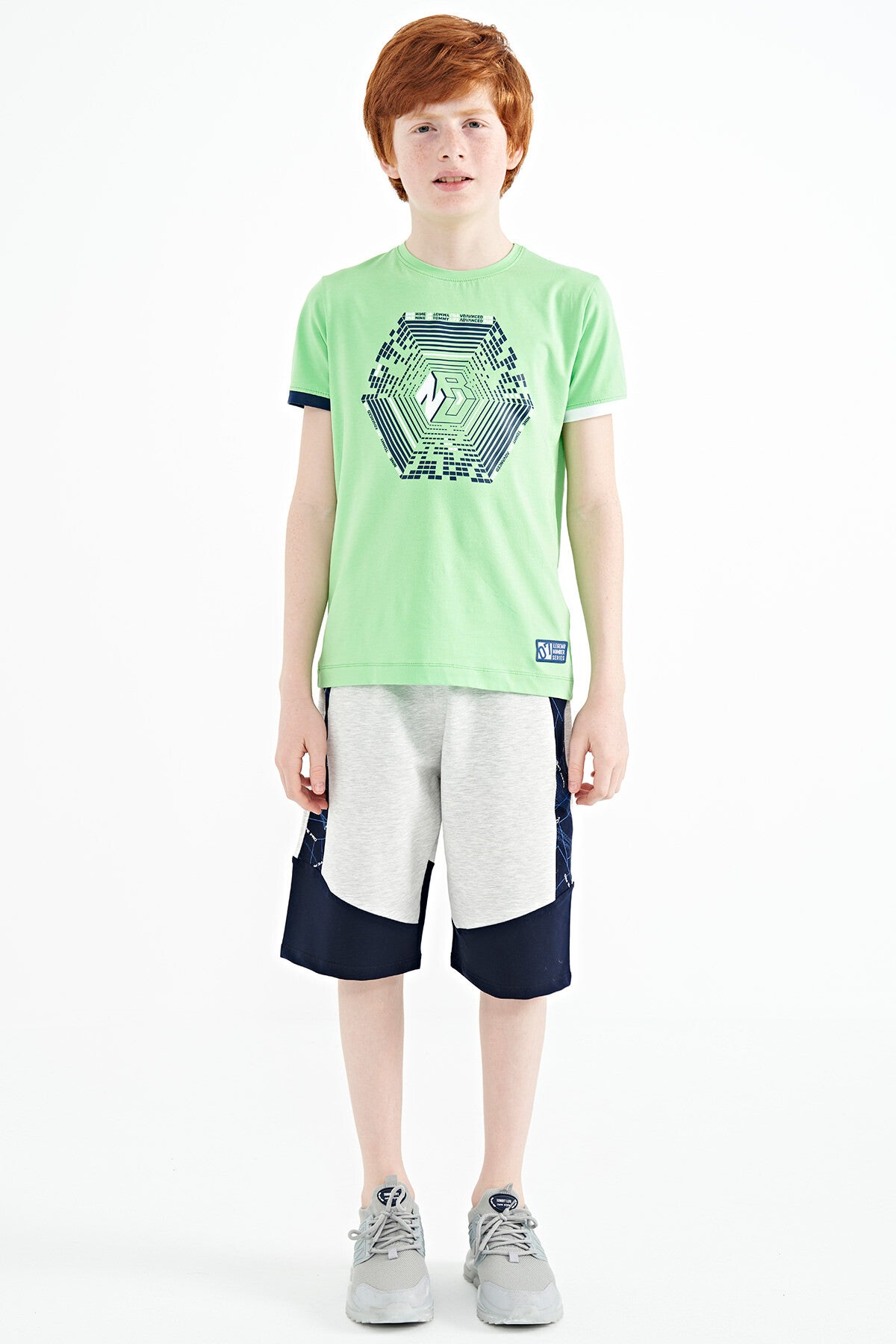 Neon Green Cuff Colored Detailed Printed Standard Fit Boys' T-Shirt - 11156