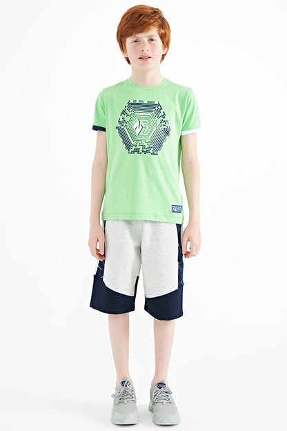 Neon Green Cuff Colored Detailed Printed Standard Fit Boys' T-Shirt - 11156