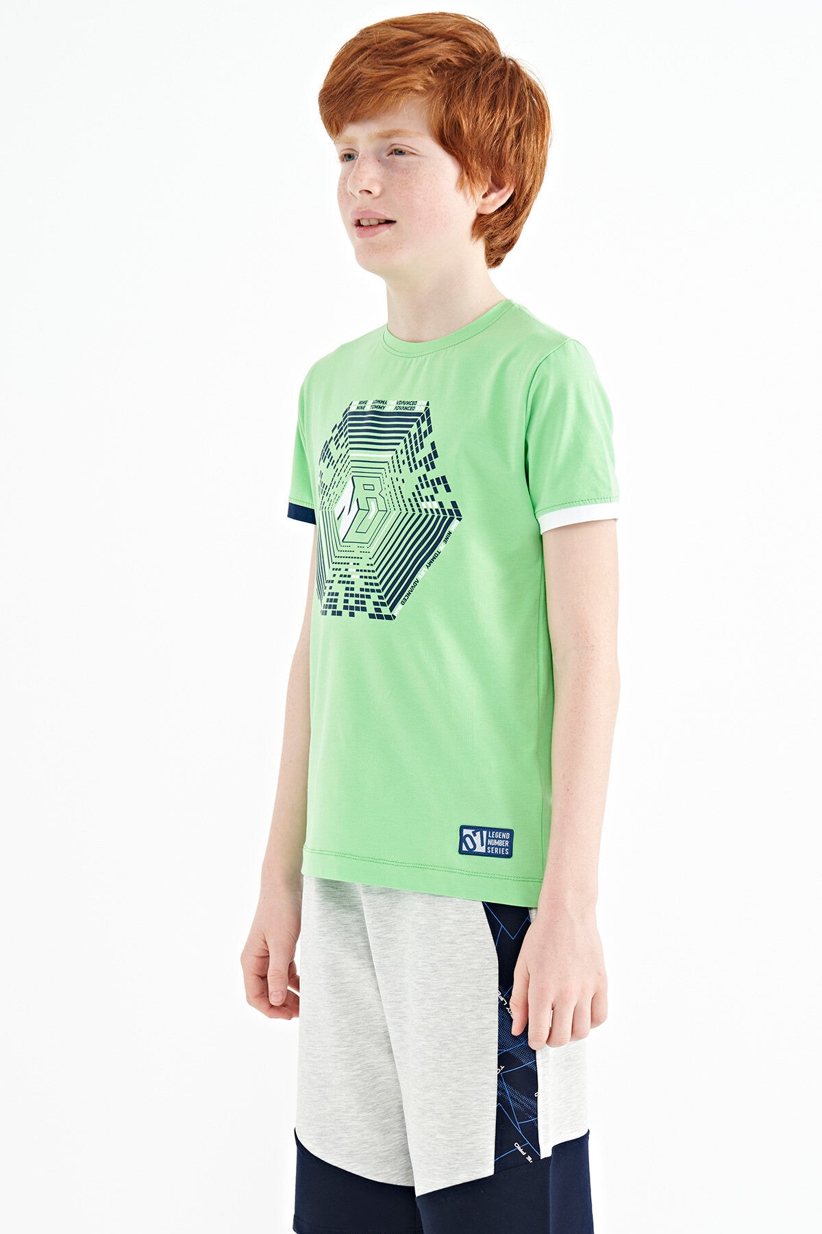 Neon Green Cuff Colored Detailed Printed Standard Fit Boys' T-Shirt - 11156