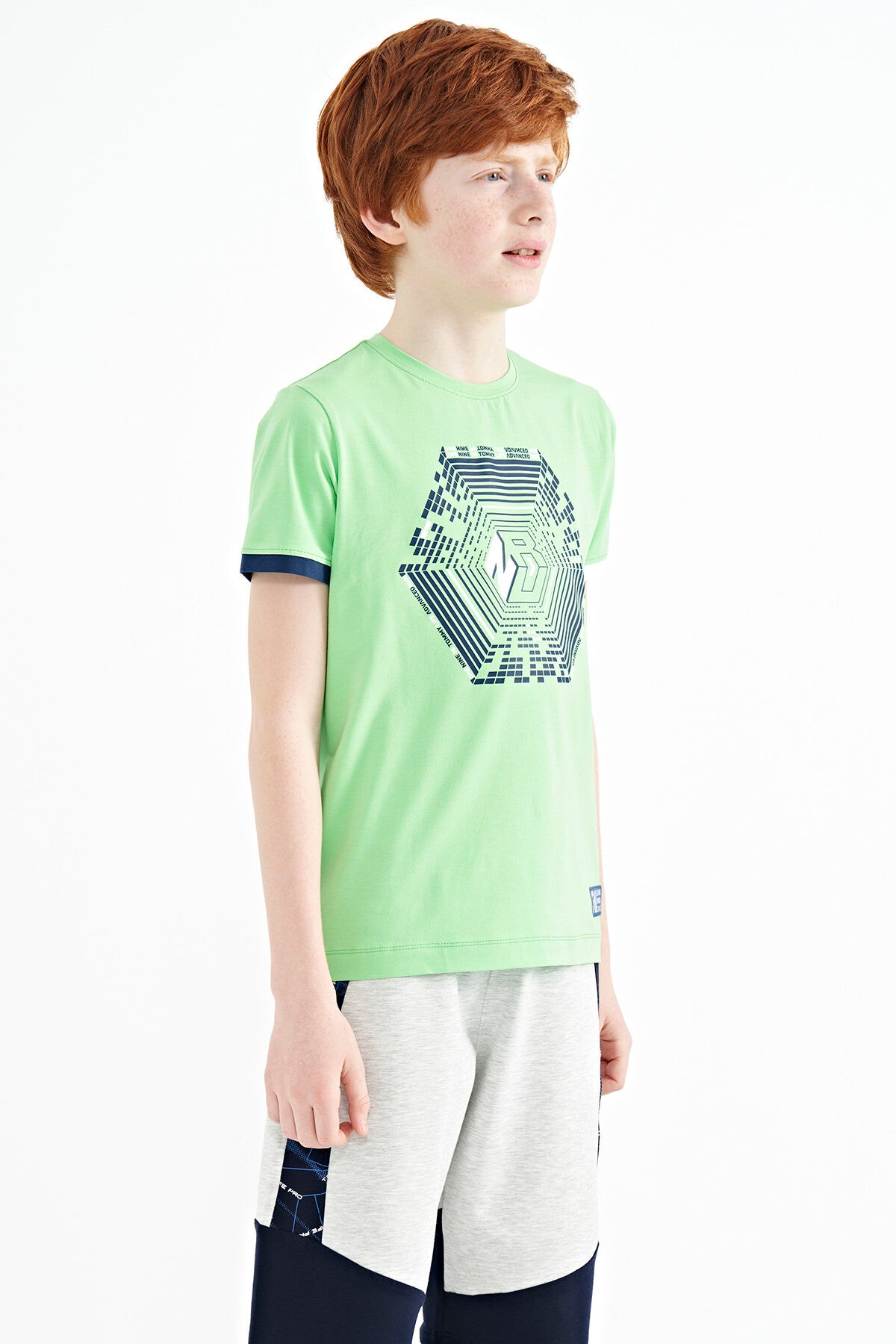 Neon Green Cuff Colored Detailed Printed Standard Fit Boys' T-Shirt - 11156