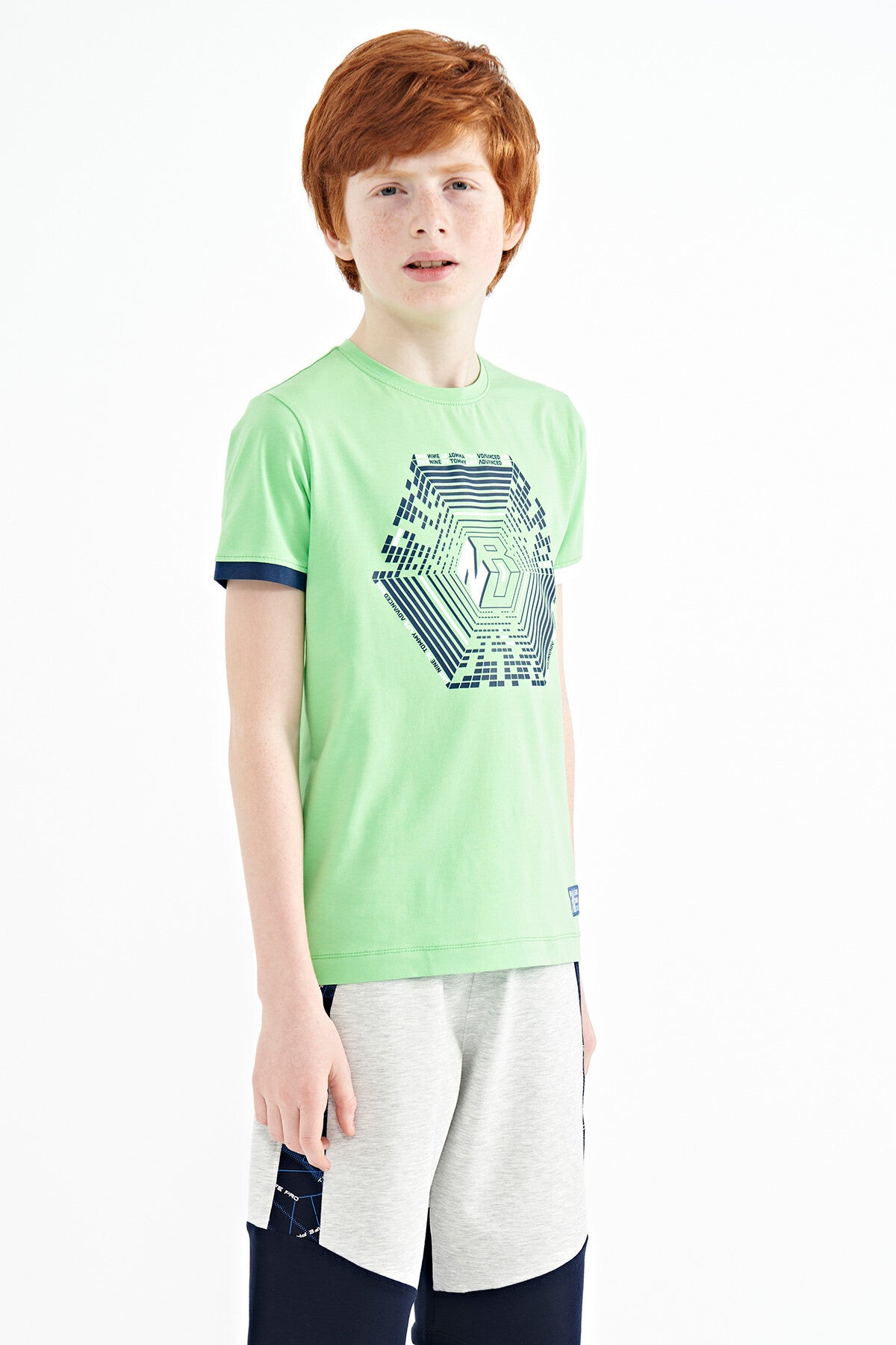 Neon Green Cuff Colored Detailed Printed Standard Fit Boys' T-Shirt - 11156