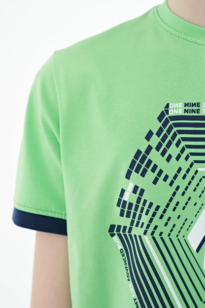 Neon Green Cuff Colored Detailed Printed Standard Fit Boys' T-Shirt - 11156