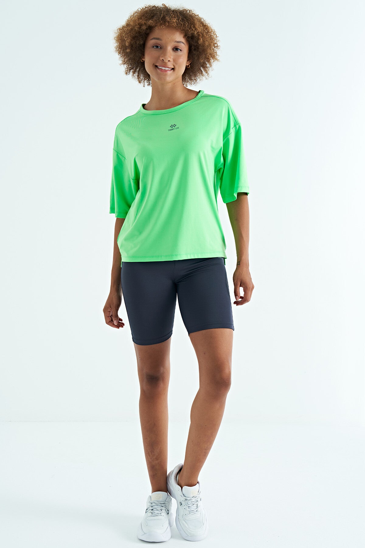 Neon Green O Collar Print Detailed Oversize Short Sleeve Women's T-Shirt - 97263