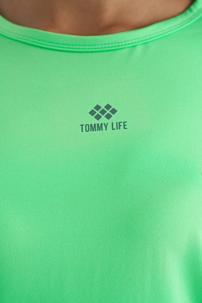 Neon Green O Collar Print Detailed Oversize Short Sleeve Women's T-Shirt - 97263