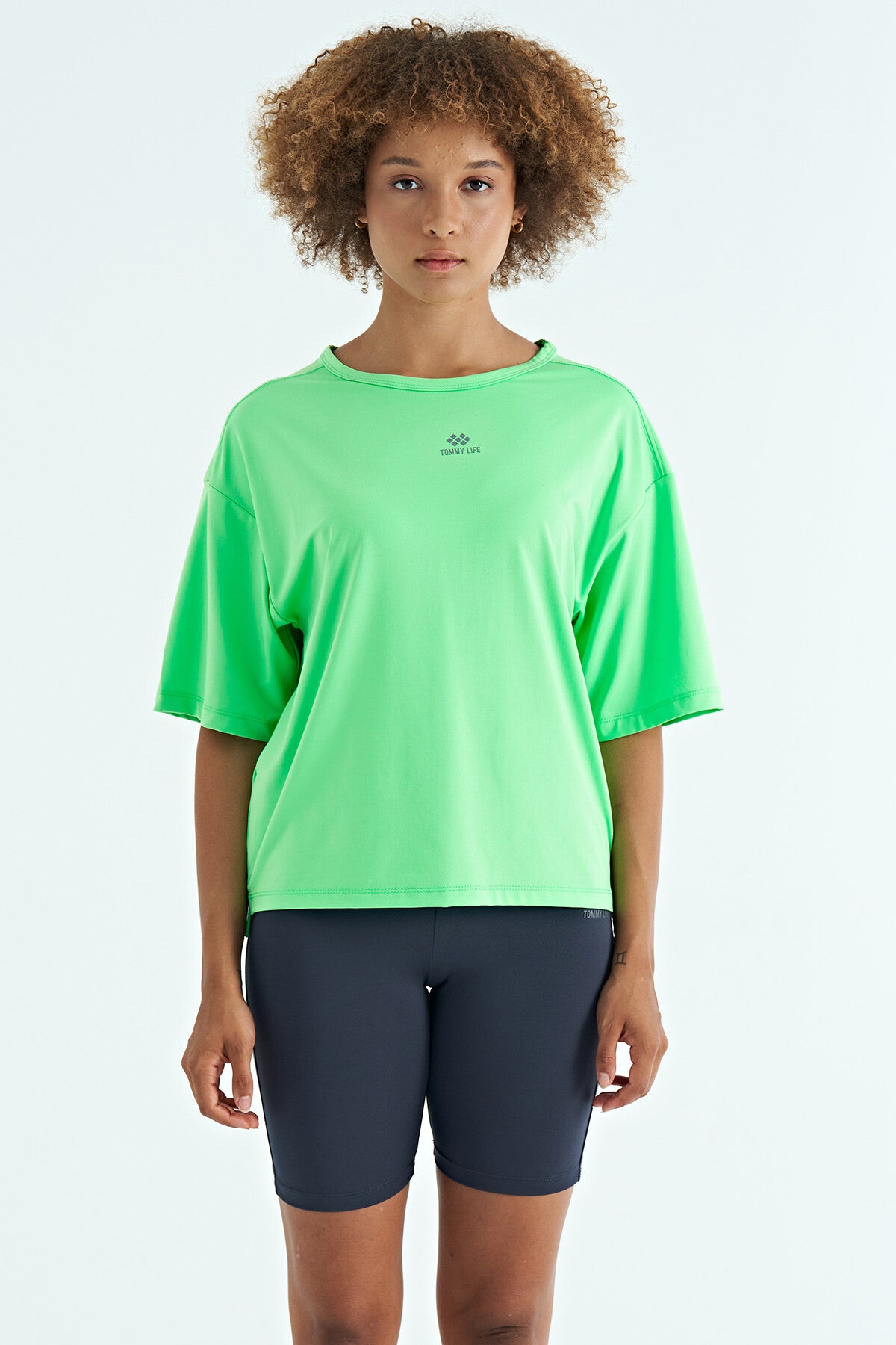 Neon Green O Collar Print Detailed Oversize Short Sleeve Women's T-Shirt - 97263