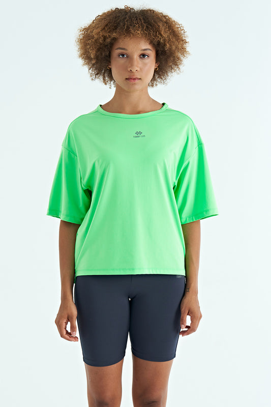 Neon Green O Collar Print Detailed Oversize Short Sleeve Women's T-Shirt - 97263