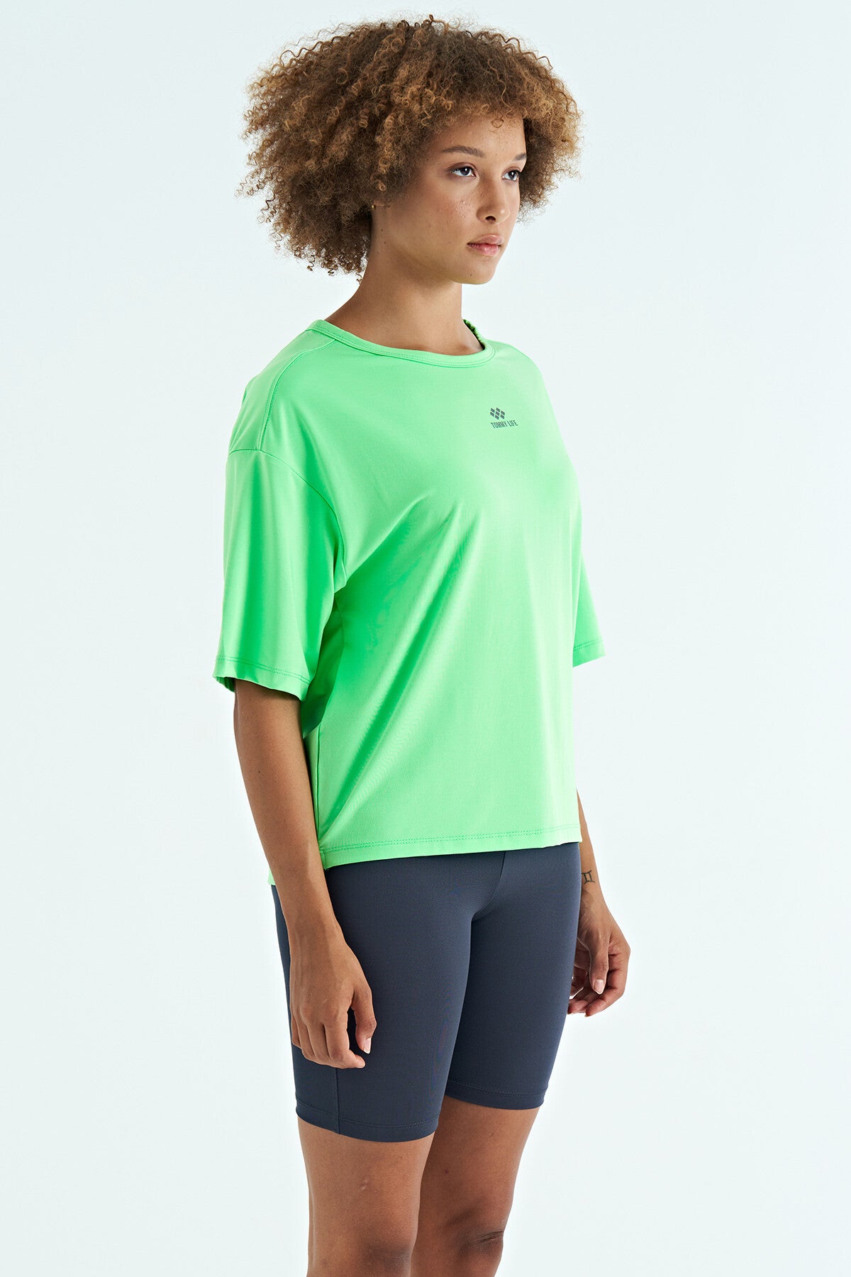 Neon Green O Collar Print Detailed Oversize Short Sleeve Women's T-Shirt - 97263