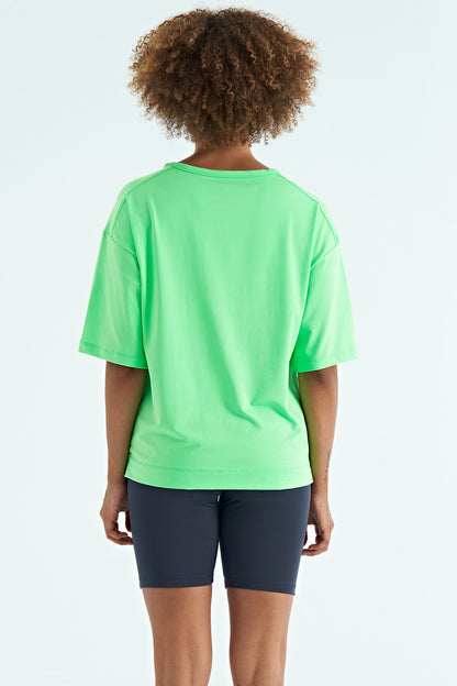 Neon Green O Collar Print Detailed Oversize Short Sleeve Women's T-Shirt - 97263