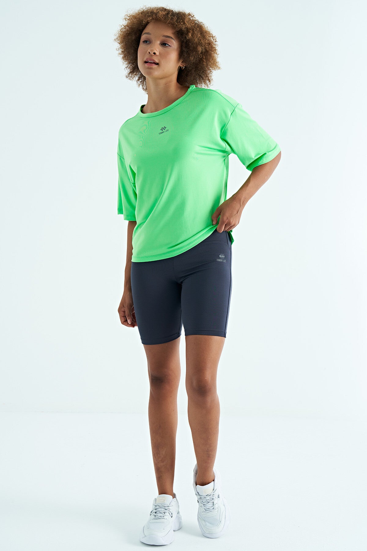Neon Green O Collar Print Detailed Oversize Short Sleeve Women's T-Shirt - 97263