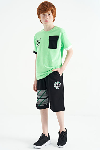 Neon Green O Collar Oversize Pocket Detailed Boys' T-Shirt - 11152