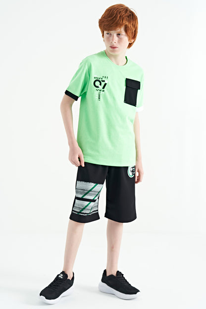 Neon Green O Collar Oversize Pocket Detailed Boys' T-Shirt - 11152