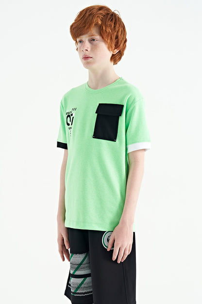Neon Green O Collar Oversize Pocket Detailed Boys' T-Shirt - 11152