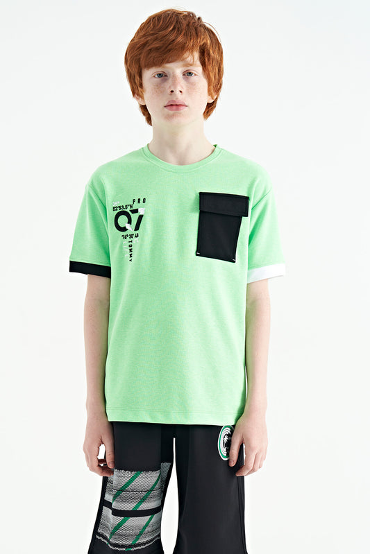 Neon Green O Collar Oversize Pocket Detailed Boys' T-Shirt - 11152