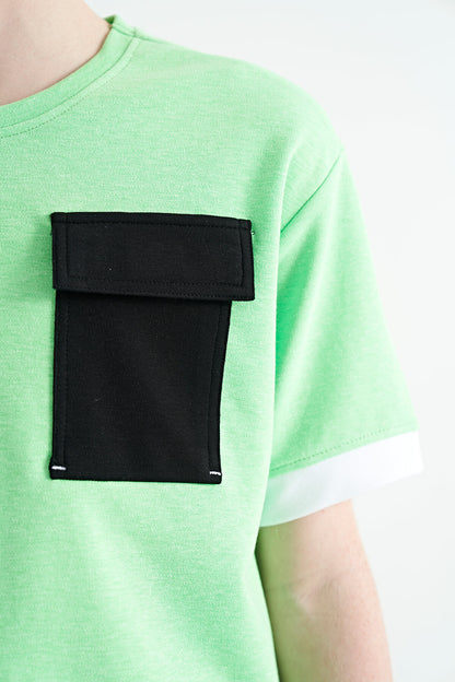Neon Green O Collar Oversize Pocket Detailed Boys' T-Shirt - 11152