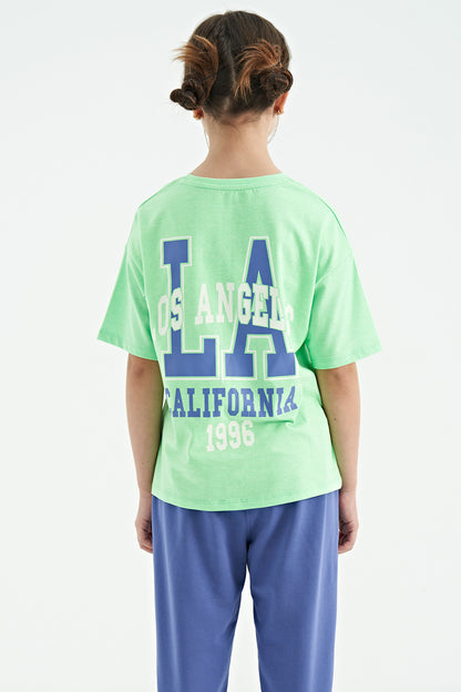 Neon Green Front Back Print O Collar Oversize Short Sleeve Girls T-Shirt - 75127