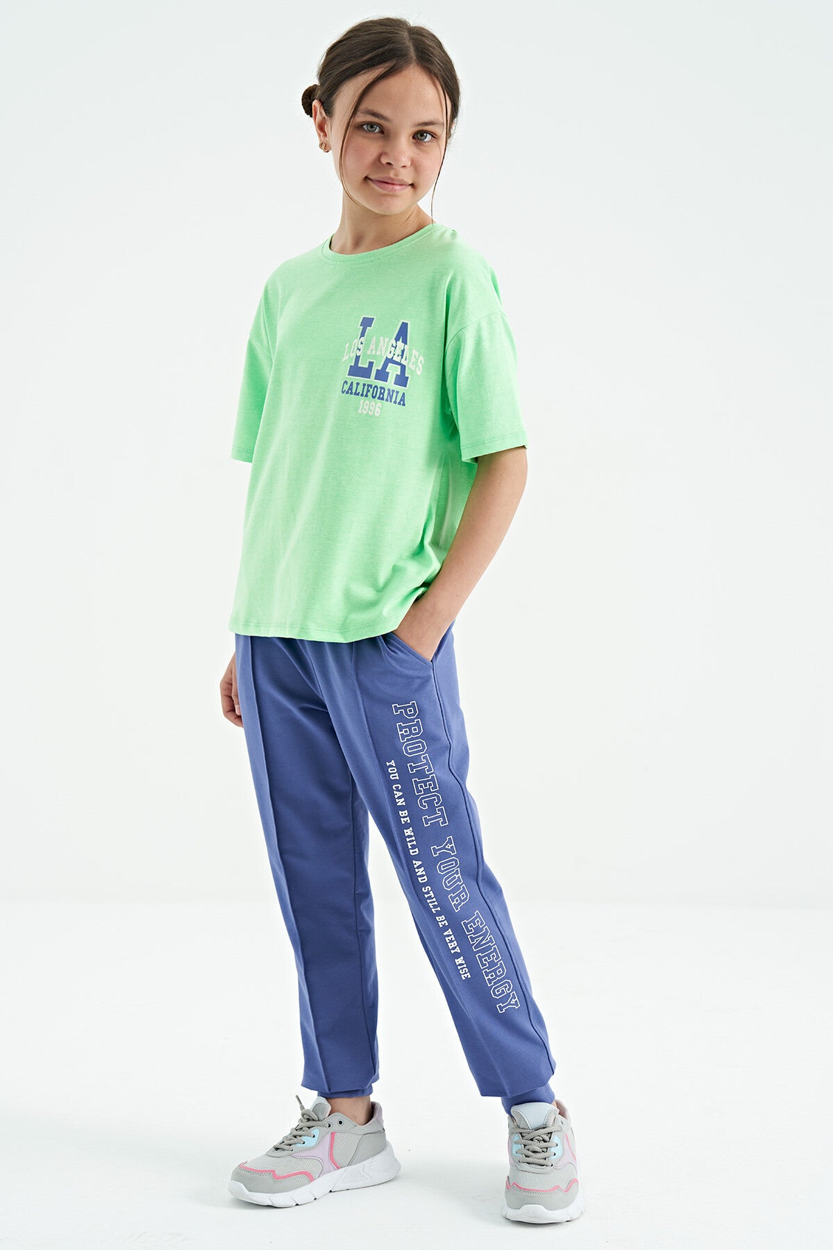 Neon Green Front Back Print O Collar Oversize Short Sleeve Girls T-Shirt - 75127