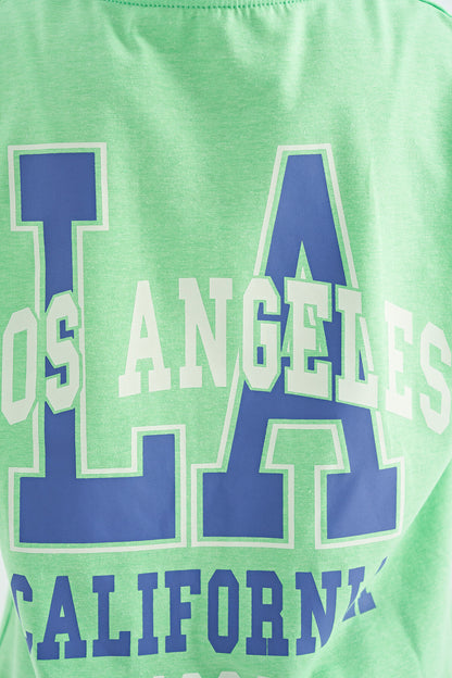 Neon Green Front Back Print O Collar Oversize Short Sleeve Girls T-Shirt - 75127
