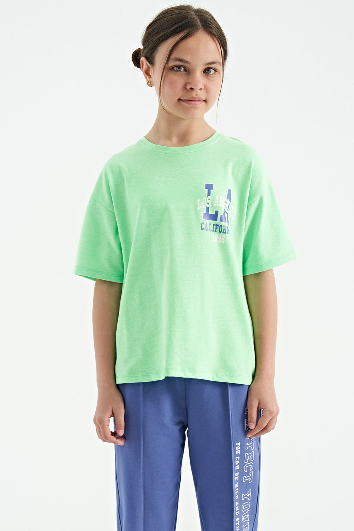 Neon Green Front Back Print O Collar Oversize Short Sleeve Girls T-Shirt - 75127