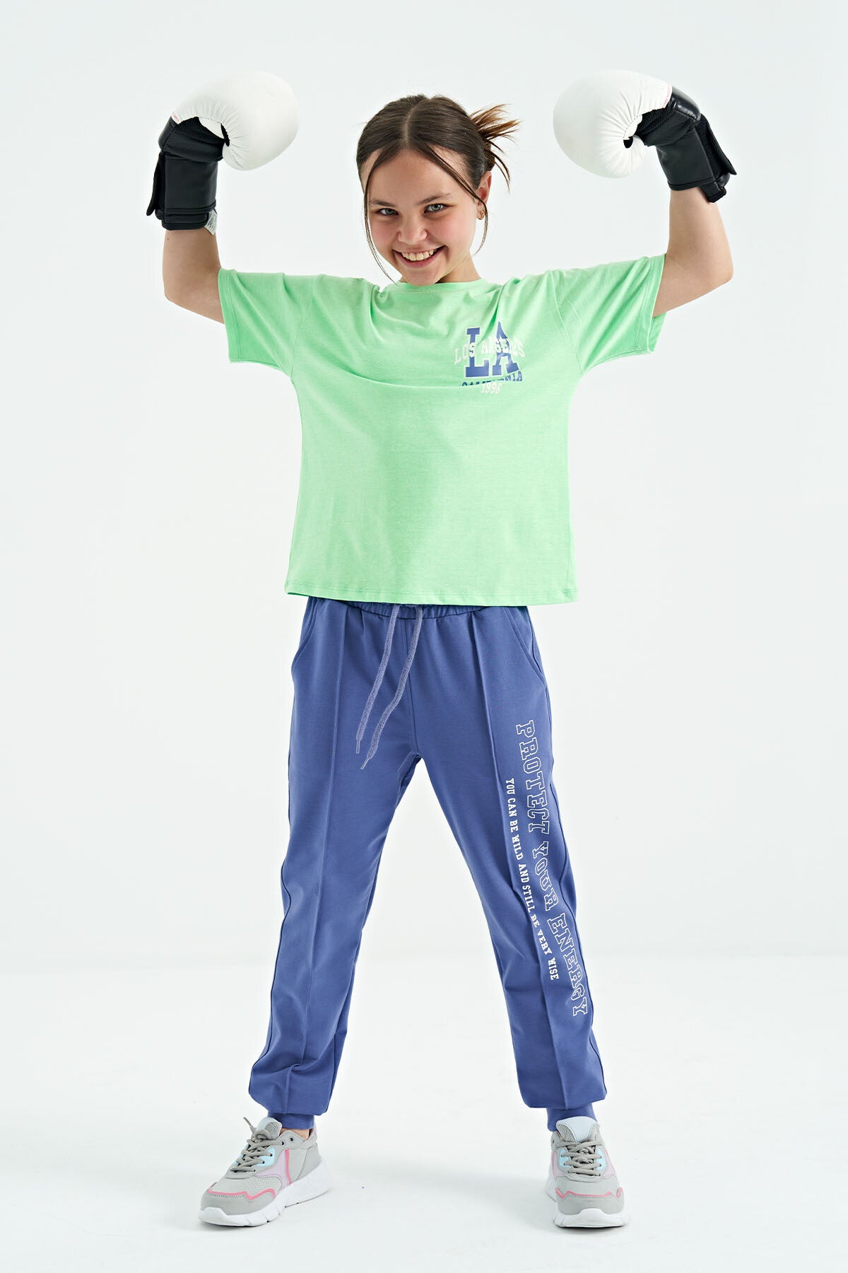 Neon Green Front Back Print O Collar Oversize Short Sleeve Girls T-Shirt - 75127