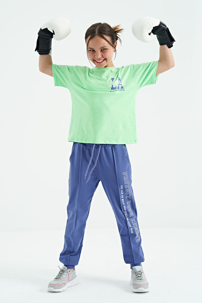 Neon Green Front Back Print O Collar Oversize Short Sleeve Girls T-Shirt - 75127