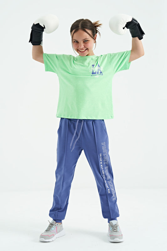 Neon Green Front Back Print O Collar Oversize Short Sleeve Girls T-Shirt - 75127