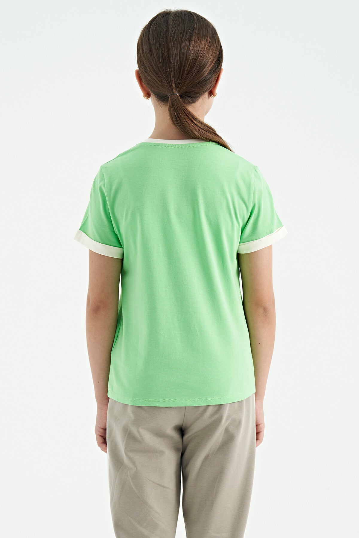 Neon Green Color Detailed O Collar Comfort Fit Girls T-Shirt - 75109